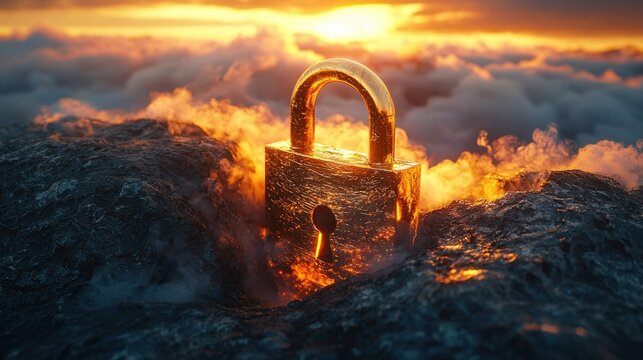 Golden padlock secures summit amidst fiery sunset clouds