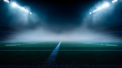 Illuminated Football Stadium At Night With Green Field Under Foggy Sky And Intense Lighting