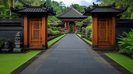 Serene Balinese Temple Pathway Surrounded by Lush Greenery and Intricate Stone Sculptures