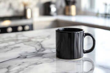 Minimalist black coffee mug placed on a clean white kitchen counter. Sunlight streaming through the window adds warmth and coziness. Perfect for branding, morning coffee themes, or advertising