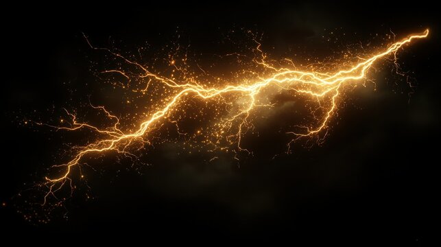 Golden lightning strike, dark background, energy effect, digital art, graphic design