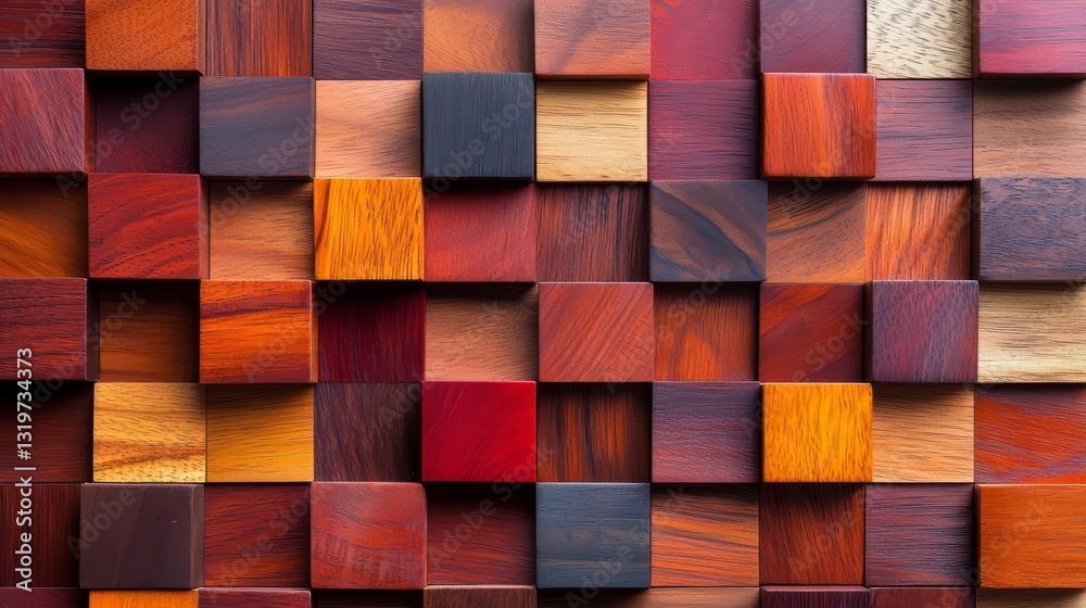 Poster colorful wooden wall made of wooden blocks. the blocks are of different colors and sizes, creating a