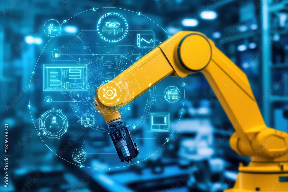 Poster advanced factory automation concept with iot sensors enhancing industry production efficiency