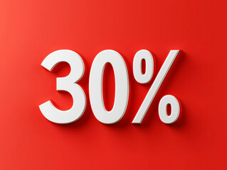 3D white text '30%' on a vibrant red background. Bright and modern discount promotion design for advertising, banners, and e-commerce