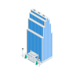 isometric vector skyscraper and trees, in color on white background, city buildings