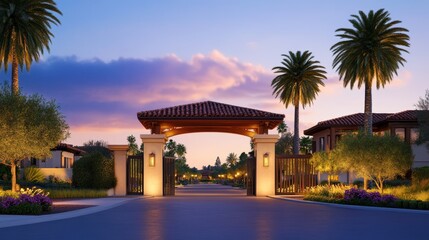 Elegant gated entrance at sunset with palm trees and blooming flower in a serene neighborhood