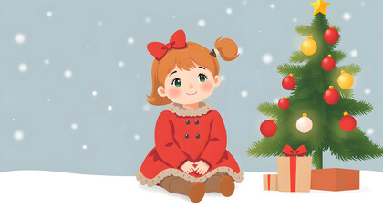 little girl sitting by the christmas tree , with white tonespng