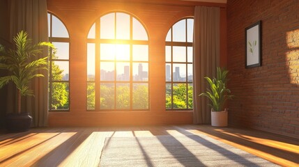 Fototapeta premium Bright sunlit interior of a modern room with large windows showcasing a city skyline
