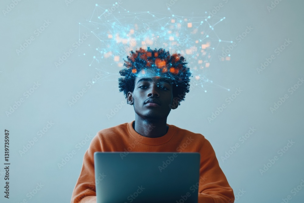 Poster student engages with ai driven virtual learning environment on laptop, showcasing innovative educati