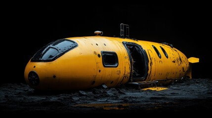 This striking image features a bright yellow submarine emerging from an oil-rich environment, creating a dramatic contrast between the vibrant color and dark surroundings.
