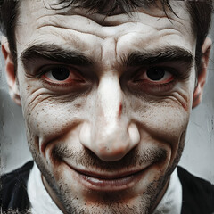 Fototapeta premium primo piano di uomo dal volto stanco, barba, occhi rossi e dal sorriso ironico, primo piano di uomo dal volto stanco e dal sorriso ironico