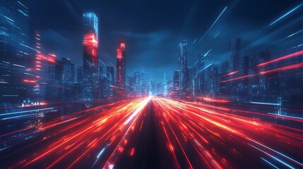 Fototapeta premium Futuristic cityscape with vibrant red and blue illuminated buildings