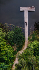 Longing for Nature's Embrace Along a Tranquil Wooden Dock Surrounded by Lush Greenery. Man on the river. Air photo
