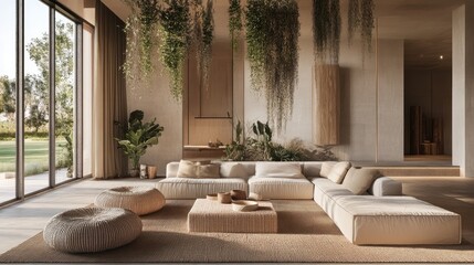 Bohemian-style living space with hanging greenery, woven decor, and earthy tones.