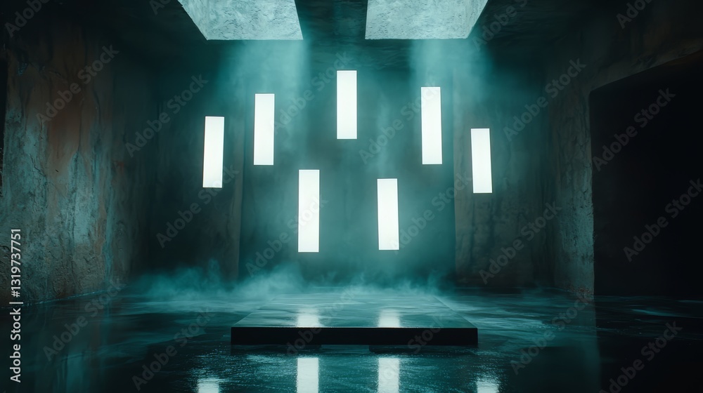 Aufkleber dark room with a foggy atmosphere. the room is lit by a series of lights, creating a mysterious and 