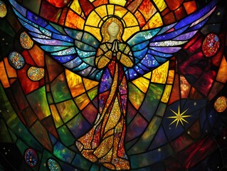 Praying angel in stained glass window celebrating easter. Generative ai illustrations