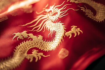 Fototapeta premium Close-up of a red fabric with an embroidered mythical creature