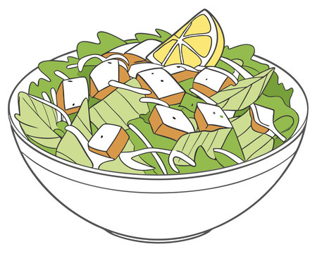 salad bowl with lemon, green leaves, and tofu clip art preview
