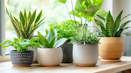 Fototapeta premium Contemporary dining room with a centerpiece of lush green plants in ceramic and wooden pots.