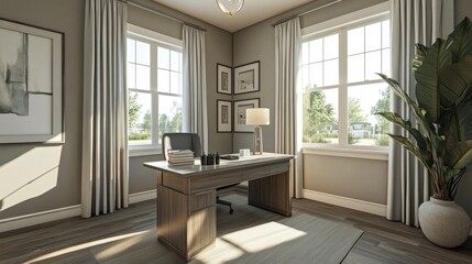 Contemporary home office with a clean, modern design, neutral colors, and stylish workspace organization.
