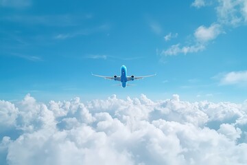 Obraz premium Airplane Soaring Above Clouds in a Clear Blue Sky with a Beautiful Horizon