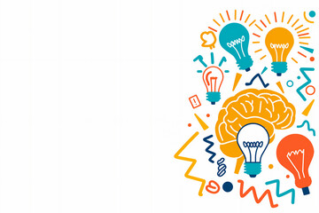 A colorful digital illustration featuring a brain surrounded by multiple light bulbs, symbolizing ideas, creativity, and innovation, with abstract shapes and dynamic lines. Copy space 