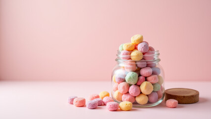 Obraz premium Jars of colorful, dye-free gummy candy on a light pink background.