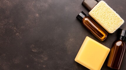 Assorted cosmetic products arranged on a dark surface, showcasing various containers and textures
