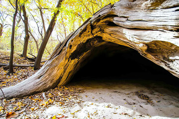 Secret Survival Dugout Constructed in the Woods During Autumn With Vibrant Foliage