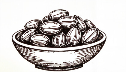 Vintage ink sketch of a wooden bowl filled with dates, classic artistry