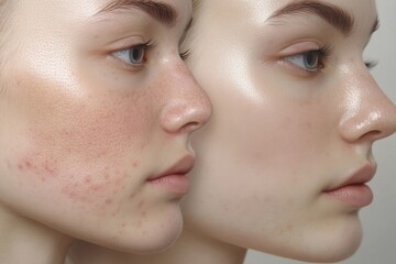 Obraz premium Before and after skin smoothing treatment showcasing transformation of acne-prone skin