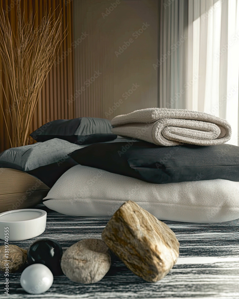 Poster create a tranquil self-care oasis with a minimalist design and natural elements for relaxation
