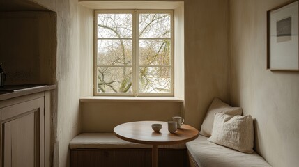Fototapeta premium Cozy Scandinavian breakfast nook with a built-in bench, small round wooden table, and warm neutral tones.