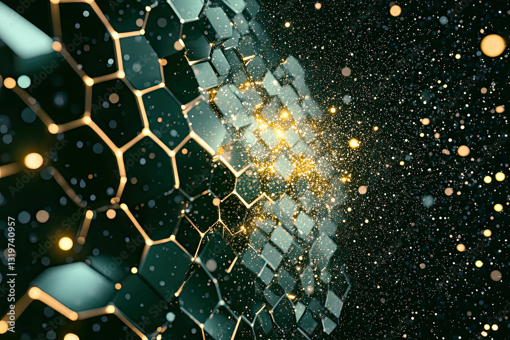 Poster Glowing Energy Matrix Bursts Through Multidimensional Space With Hexagonal Grid Patterns