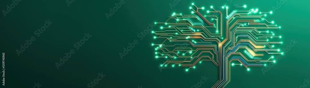 Poster conceptual representation of innovation tree with branches made of circuit patterns and lights