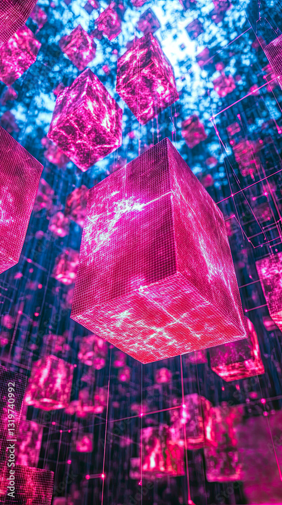Poster glowing energy matrix emerges through multidimensional space with vibrant plasma currents