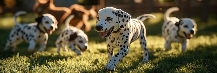 Fototapeta premium Dalmatian puppies enjoy playful moments on the lush green lawn with other dogs