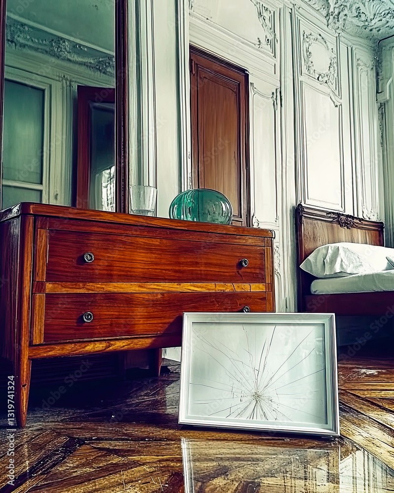 Poster reflections of simplicity in a stylish apartment featuring a broken poster frame