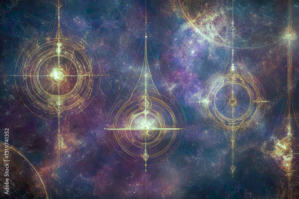 Poster celestial beings collect energy auras in a distant cosmic field filled with sparkling galaxies