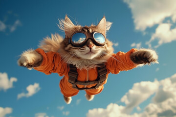 Fototapeta premium Adventurous Cat Skydiving in Orange Suit with Goggles, Fun and Freedom Concept