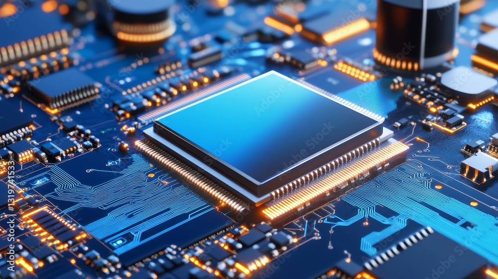 Poster close-up view of a microprocessor on a circuit board with glowing connections and components