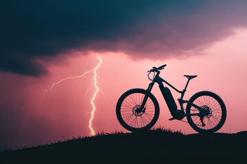 Obraz premium Surreal Electric Bicycle Silhouette Against Dramatic Stormy Sky with Lightning Strikes
