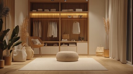 Elegant boutique with warm spotlights, wooden display shelves, and cozy ambient lighting.