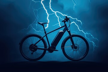 Obraz premium Unstoppable Electric Bike Concept Silhouette Against Dramatic Lightning Background