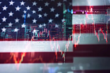Financial data overlaying American flag graphic representing economic growth and trading