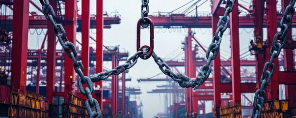Fototapeta premium A row of shipping cranes halted in place by chains an exploration of industrial restraints and their impact on supply chain dynamics