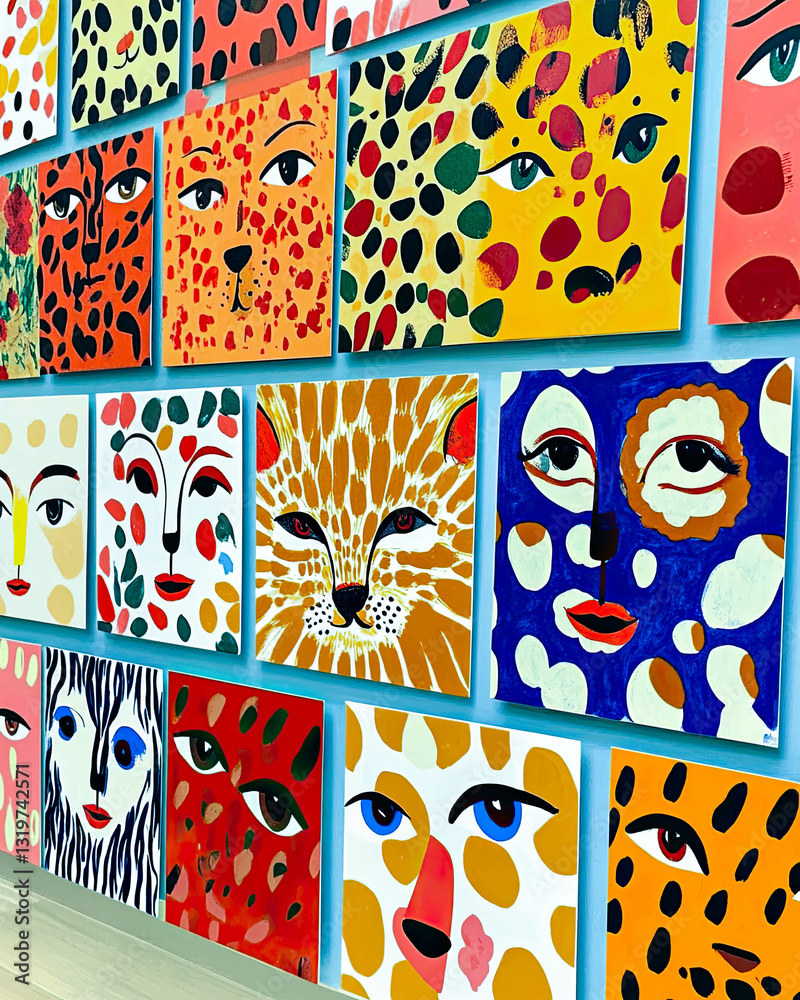 Poster Vibrant Display of Colorful Xoxo Prints Showcasing Abstract Faces and Playful Patterns