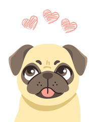 Cute puggy dog with hearts cartoon vector illustration. Pet animal with pink heart shape isolated on white background