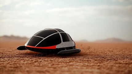 Futuristic turtle-like vehicle navigating a sandy landscape under a clear sky