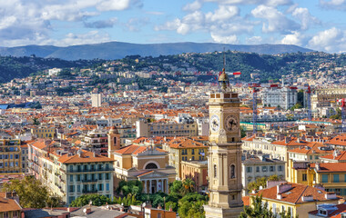 Nice, France, French Riviera. Aerial panoramic view of the city and mountains.